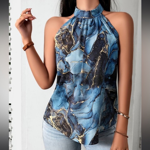 Elegant Classic Marble Water Color Print Halter Top Blouse Shirt Blue - Picture 3 of 12